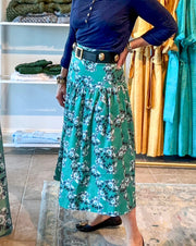 Yoke Skirt in Vermillion and Navy Camellias Print