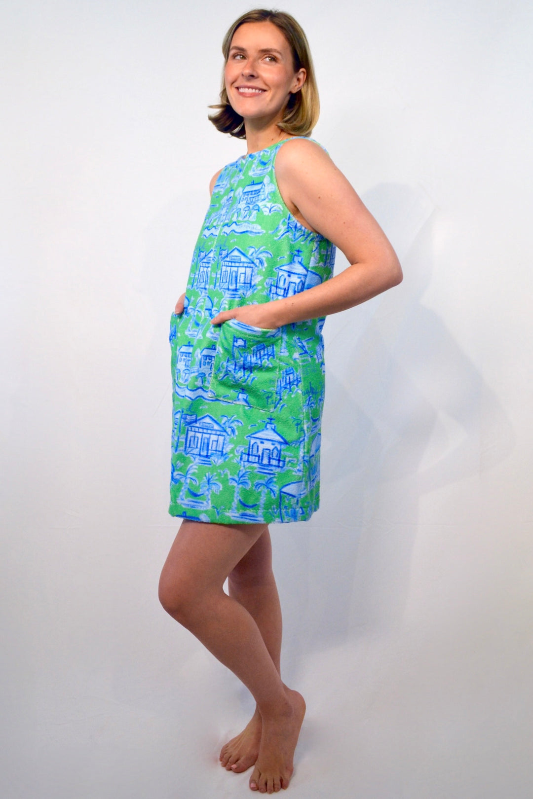 Towel Dress in Green and Blue Toile Susan Albright Towel Dress in Green and Blue Toile Susan Albright