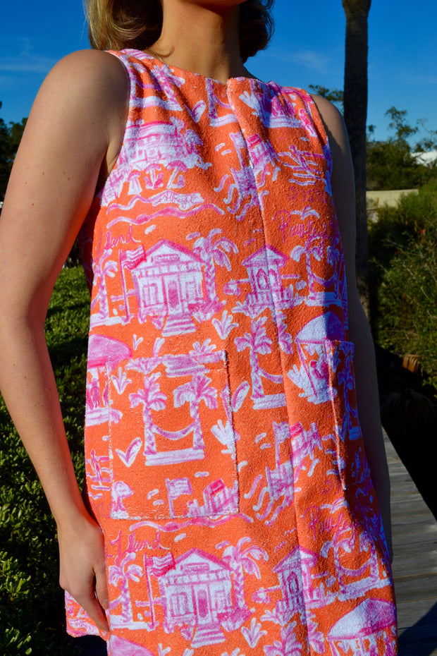Towel Dress in Pink and Orange Toile