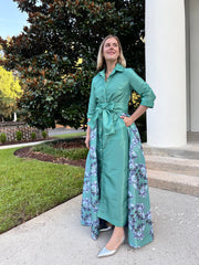 Taffeta Overskirt in Jade and Smoky Navy Camellias