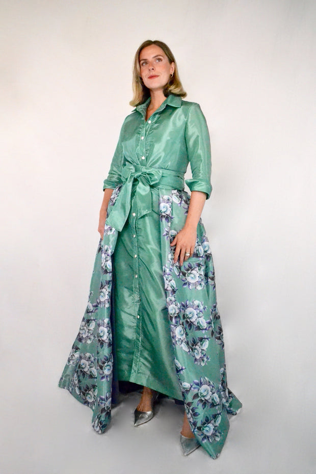 Taffeta Overskirt in Jade and Smoky Navy Camellias