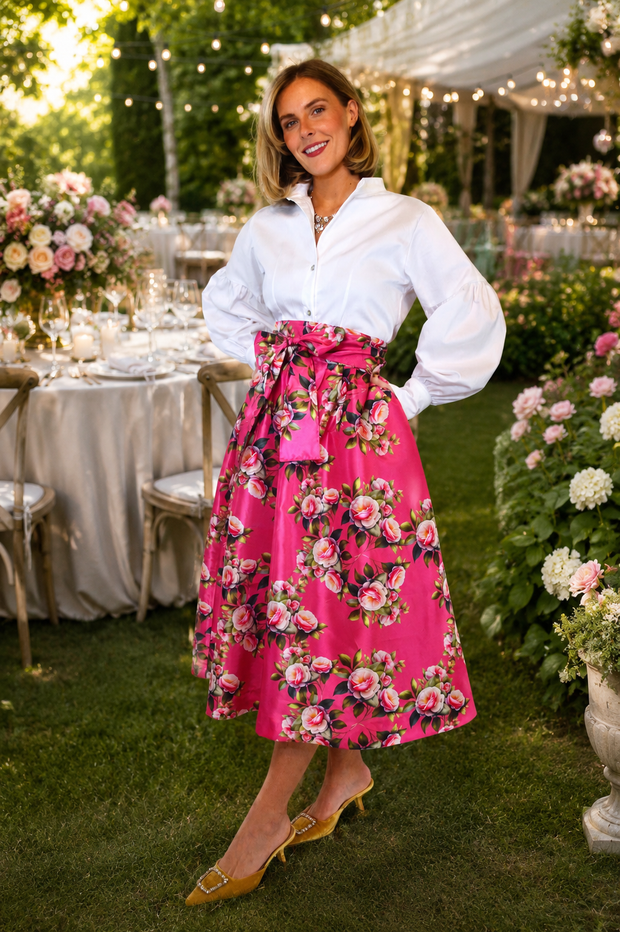 Taffeta Tea Length Skirt in Pink Camellias – Susan Albright