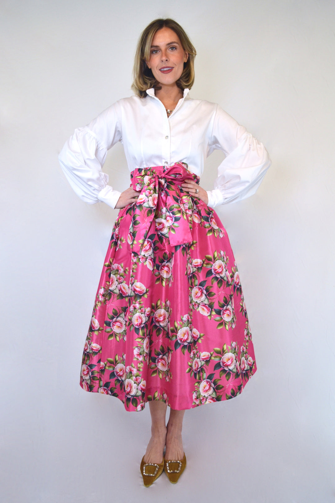 Taffeta Tea Length Skirt in Pink Camellias – Susan Albright
