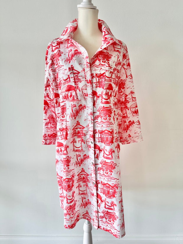 Waverly Shirt Dress in Red and White Pawleys Toile
