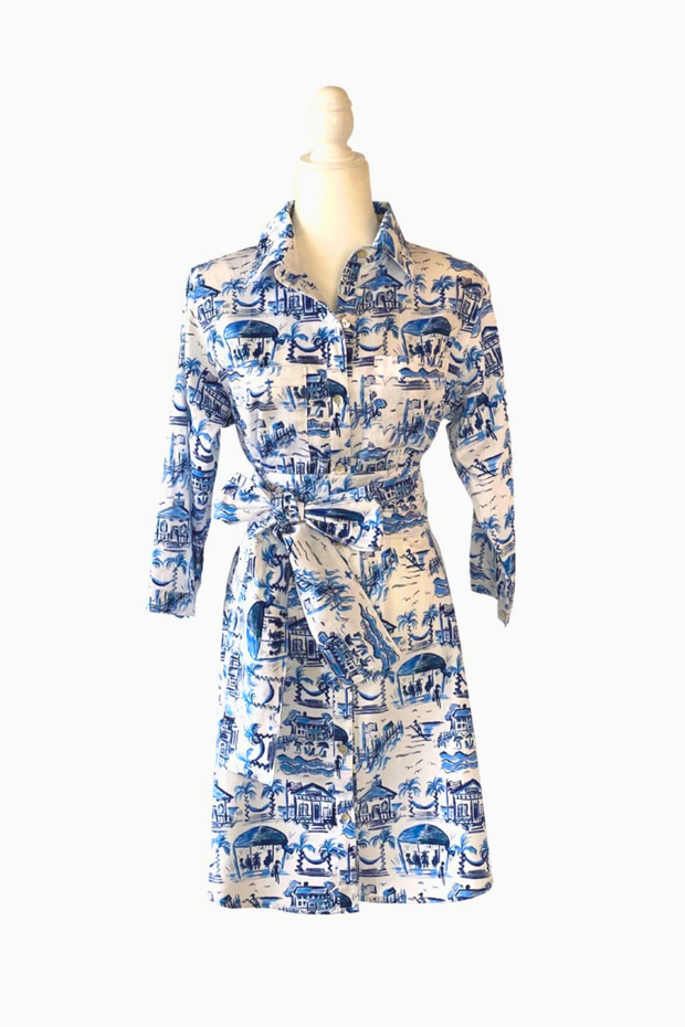 Waverly Shirt Dress in Blue and White Pawleys Toile Susan Albright Waverly Shirt Dress in Blue and White Pawleys Toile Susan Albright