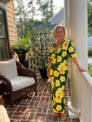 Sanibel Tunic Dress in Green with Yellow Hibiscus