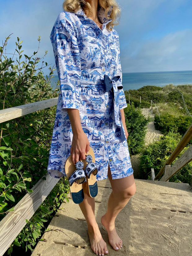 Waverly Shirt Dress in Blue and White Pawleys Toile Susan Albright Waverly Shirt Dress in Blue and White Pawleys Toile Susan Albright