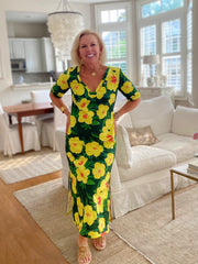 Sanibel Tunic Dress in Green with Yellow Hibiscus