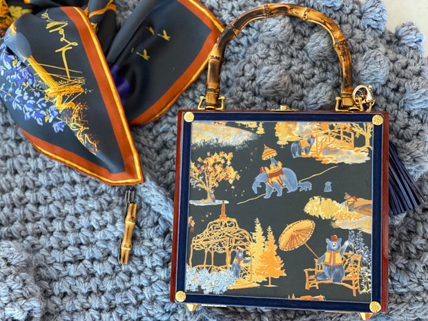 Cigar Box Clutch- Navy Mountain Toile and Fall Trees